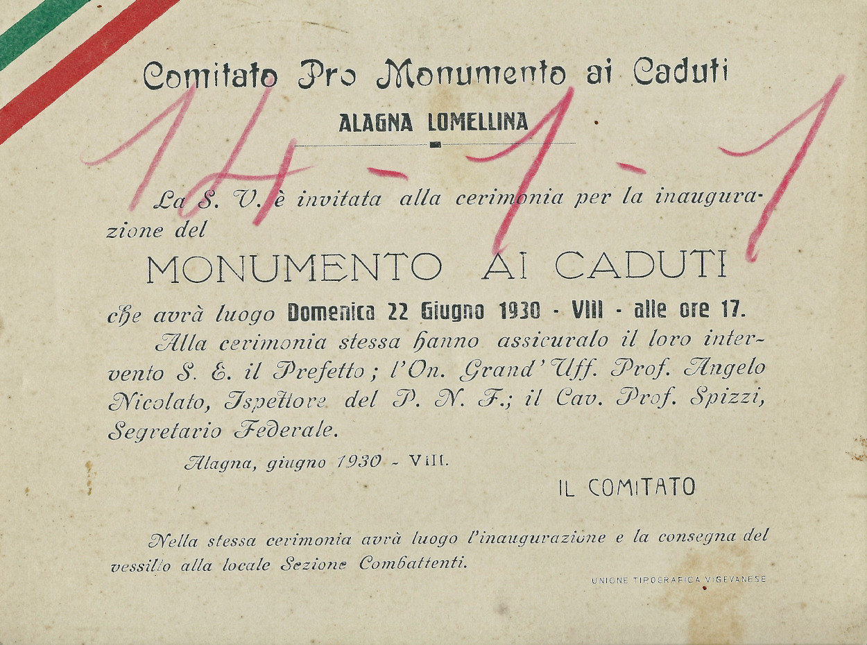 Invito all’inaugurazione del Monumento ai Caduti – Alagna Lomellina, giugno 1930