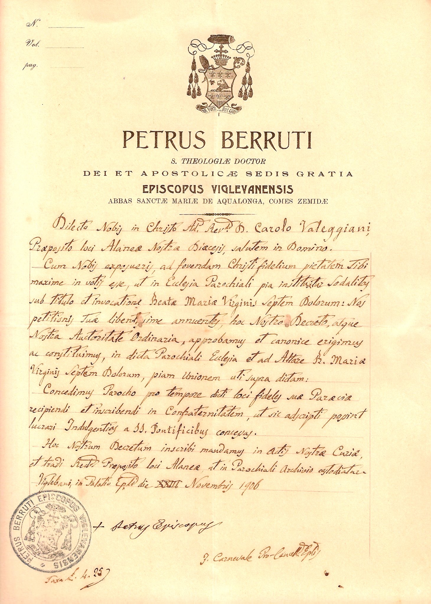 Istituzione della Confraternita della Madonna dei Sette Dolori presso la parrocchia di Alagna Lomellina