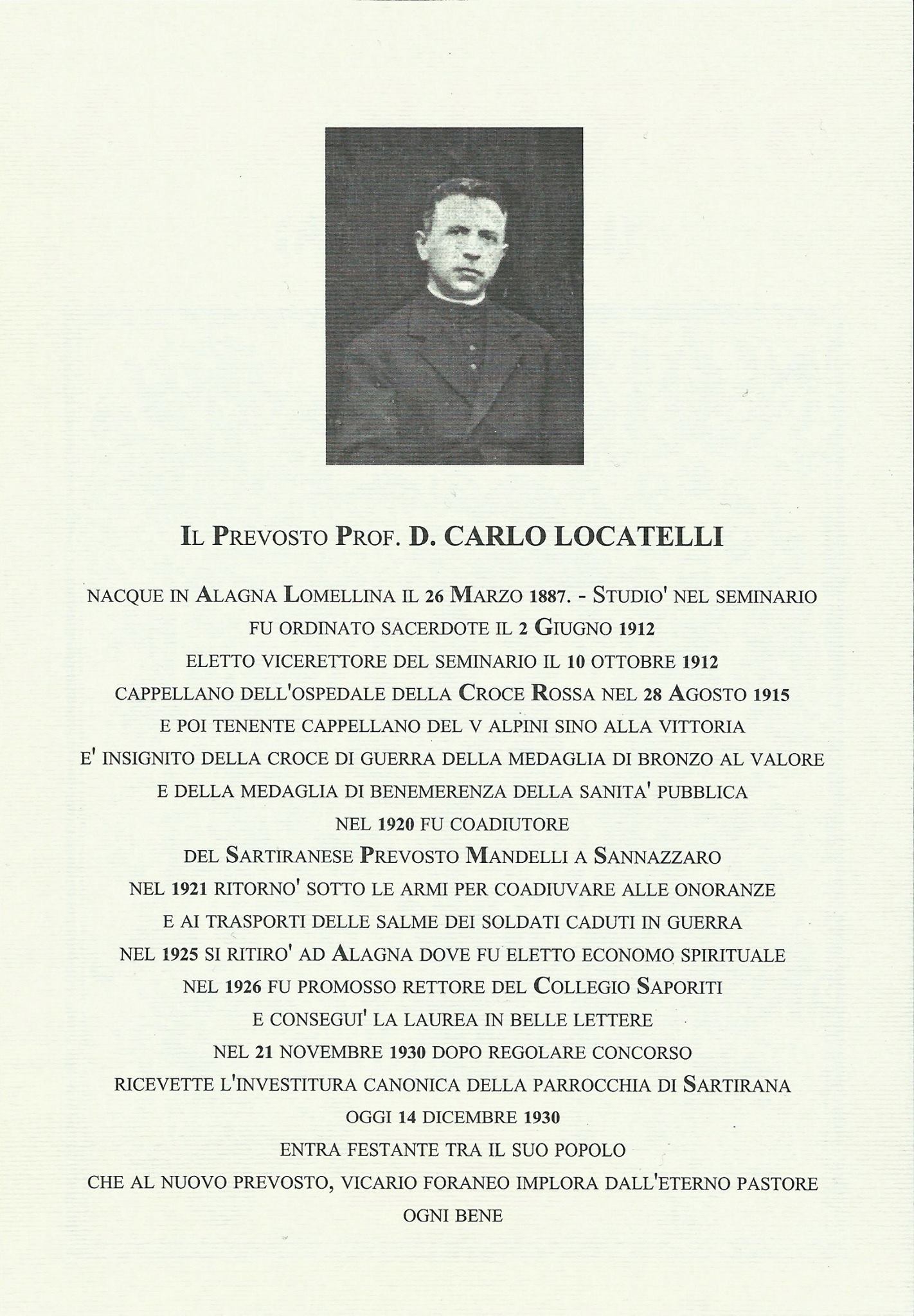 Stampato commemorativo per l’investitura canonica del prevosto Carlo Locatelli nella parrocchia di Sartirana Lomellina