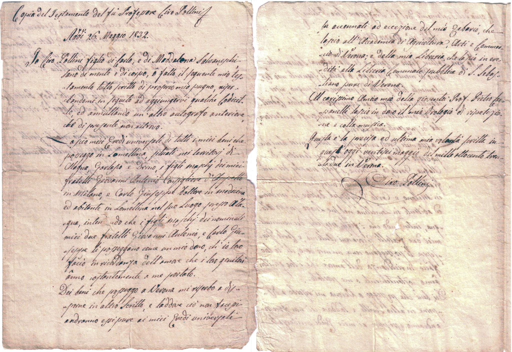 Copia del testamento del professor Ciro Pollini