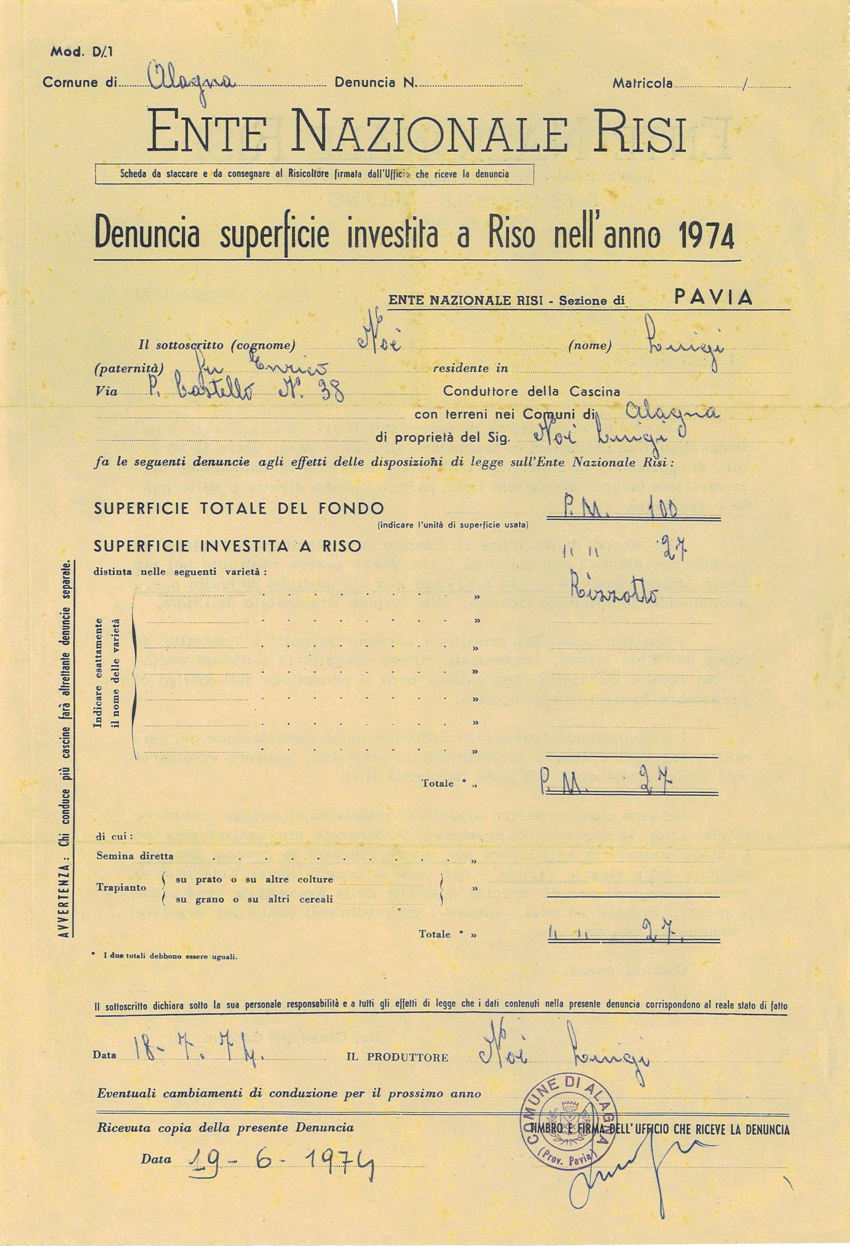 Denuncia della superficie investita a riso per l’anno 1974