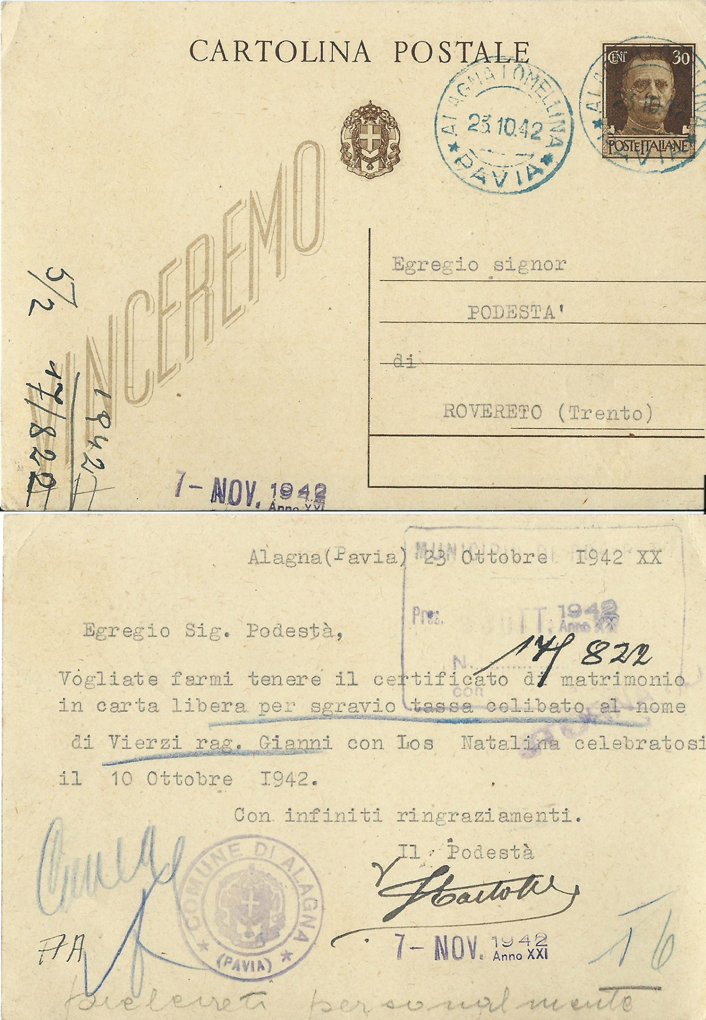 Richiesta di certificato di matrimonio – Lettera del Sig. Podestà di Alagna Lomellina