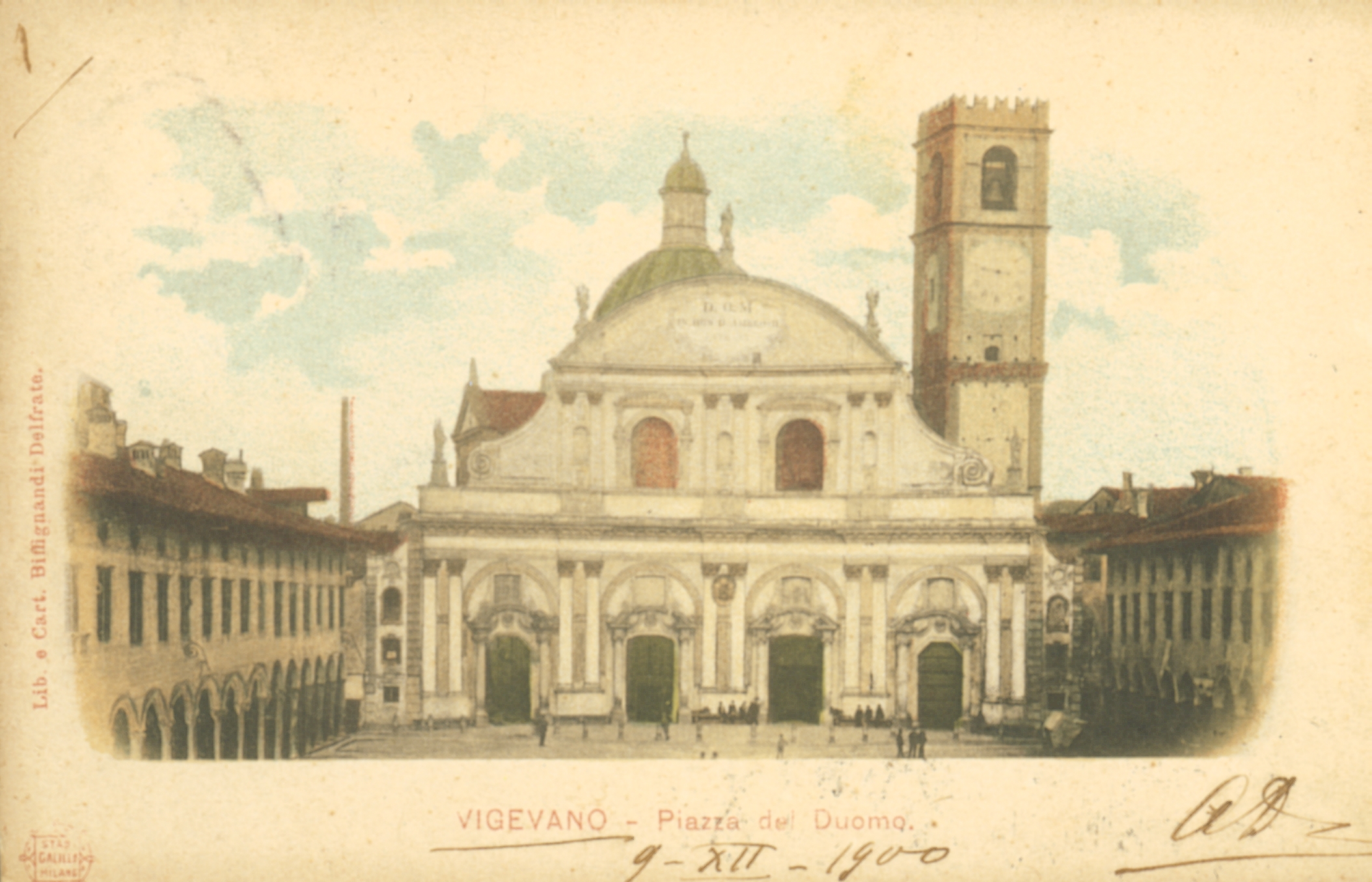 Vigevano, cartolina d’epoca di Piazza Ducale, Chiesa.